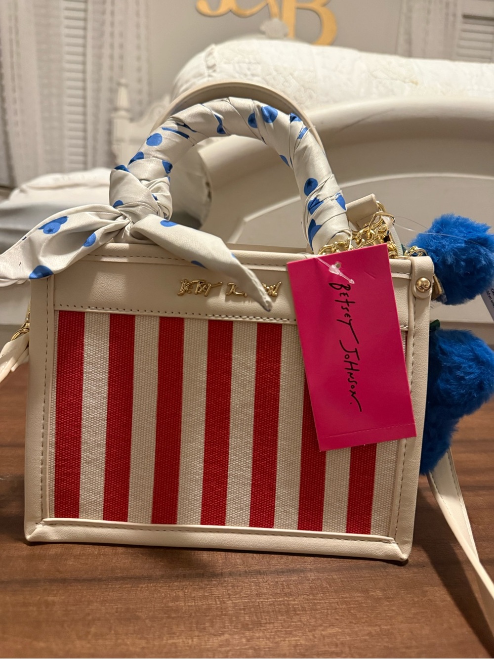 Betsey Johnson Red & Cream Striped Top-Handle Satchel with Blueberry Pom-Poms 🫐